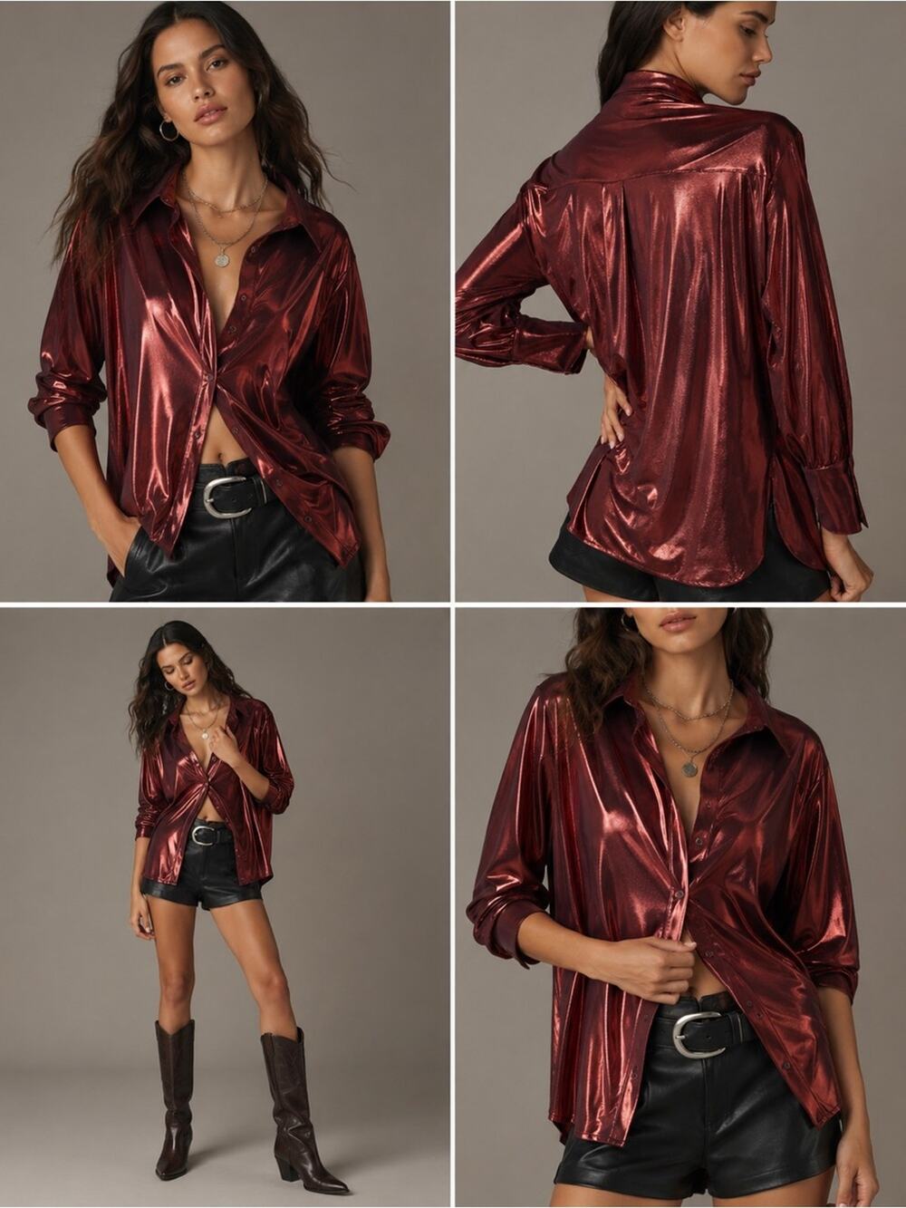 Anthropologie “The Shine” Metallic Button Down Shirt – Red Wine - Shimmer XS